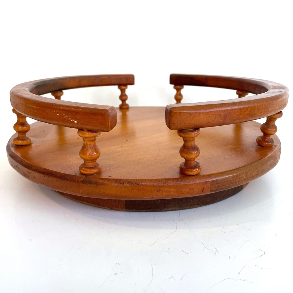 Vintage 70s Wooden Lazy Susan Rotating Spindle Rail Condiment Spice Rack Tray
